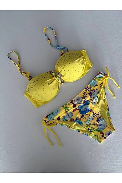 Yasmy Collection Kadın Sarı Taş İşlemeli Astarlı Bikini Takım HZL25S-LC208