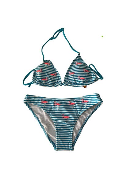 Yasmy Collection Girl's Blue and White Striped Flamingo Patterned Triangle Bi...