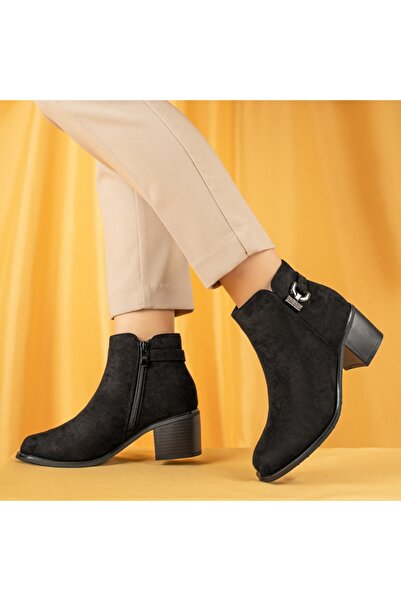 Modlet.ro Women's black suede ankle boots with heel and zipper MOD12399