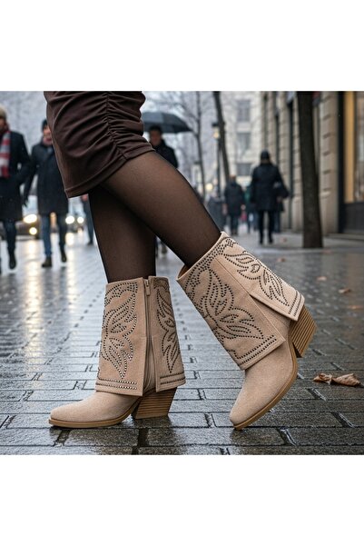 Modlet.ro Γυναικείες καφέ σουέτ καουμπόικες μπότες με χοντρό τακούνι και μετα...