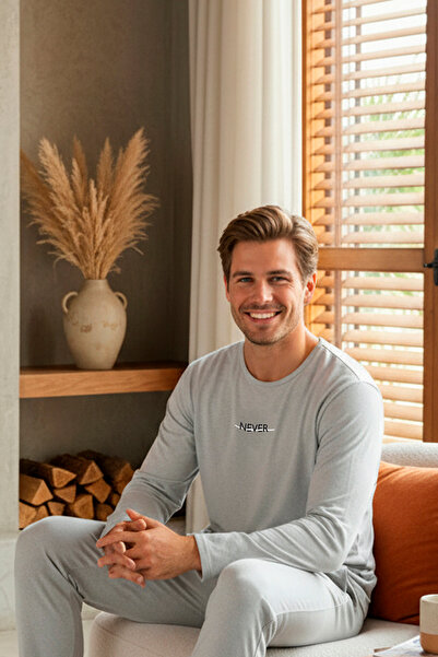 rindahomewear ΑΝΔΡΙΚΟ ΣΕΤ ΠΙΤΖΑΜΑΣ ΜΕ ΜΑΚΡΙΑ ΜΑΝΙΚΙΑ, ΚΕΝΤΗΜΕΝΟ, ΠΛΕΚΤΟ