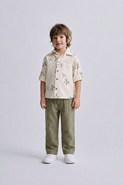 Magu Boys' Cotton Cream Airplane Patterned Shirt and Khaki Trousers Set