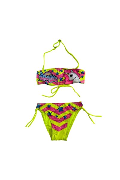Yasmy Collection Girl's Neon Yellow Unicorn Patterned Strapless Bikini Suit f...