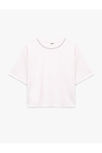 Koton Tricou din bumbac cu mânecă scurtă, cu decolteu, cu pietre