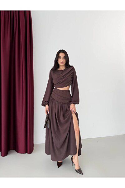 LOCH BUTİK Women's Waist Detailed Shoulder-Tie Brown Dress