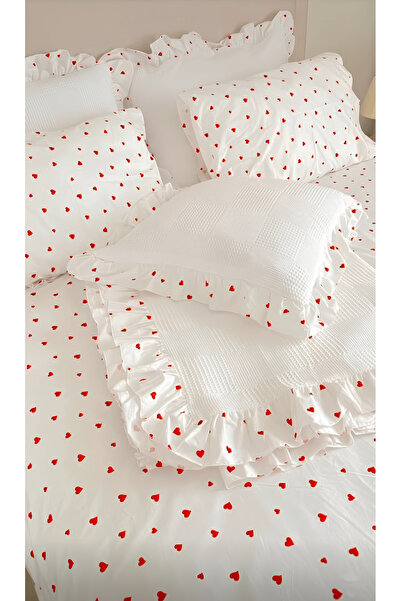 GÖRMEZ TEKSTİL Double Elastic Sheet Set – 6 Piece 100% Cotton Ruffled Pique B...