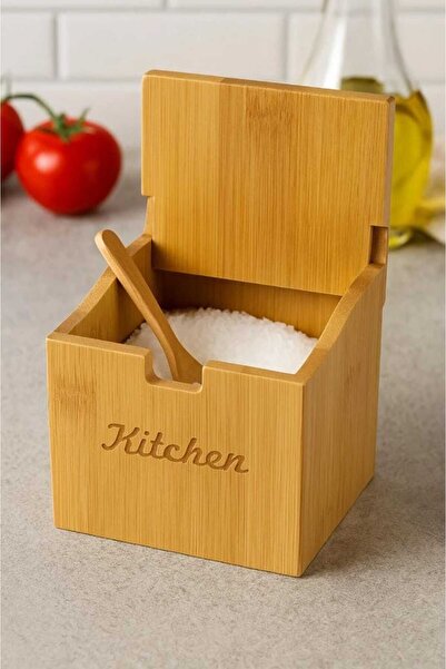 Home Bamboo Lid Salt Shaker Sugar Bowl with Spoon - Decorative Kitchen Organi...