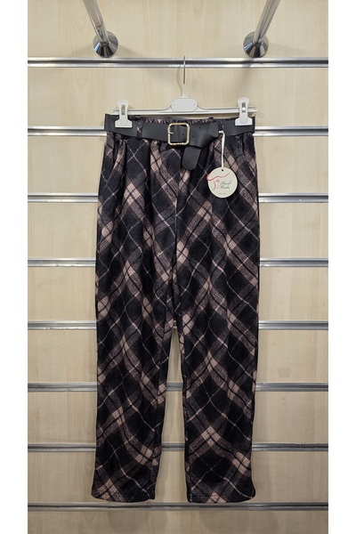 Park Moda Plaid Pattern Belted Velvet Trousers