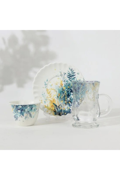 Generic 36-Piece Coffee and Tea Serving Set with Gold and Blue Leaf Decorations