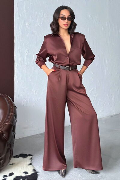 TOPSHOW High Waist Wide Leg Satin Trousers Stylish and Comfortable Design Cof...