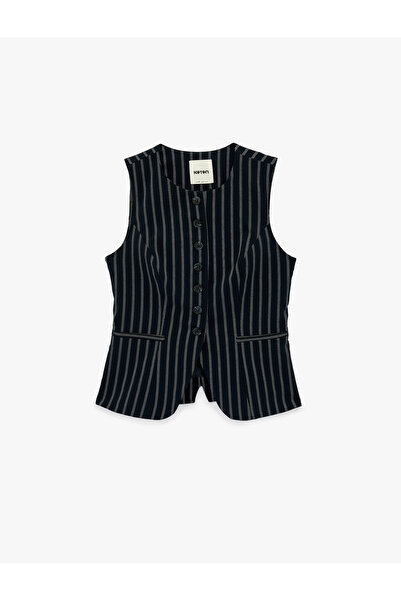 Koton Slim Fit Buttoned Pocketed Crew Neck Striped Blazer Vest
