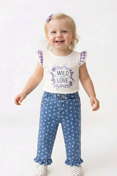 GÜLERBEBECİX Kız Çocuk Kot Pantolon Çiçek Desen