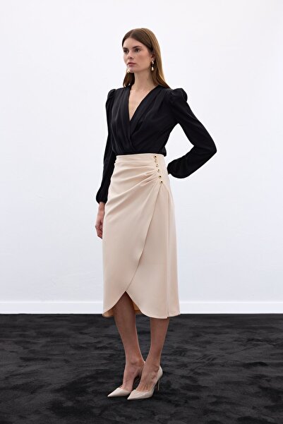 Sateen Button Detailed Pencil Skirt - Beige