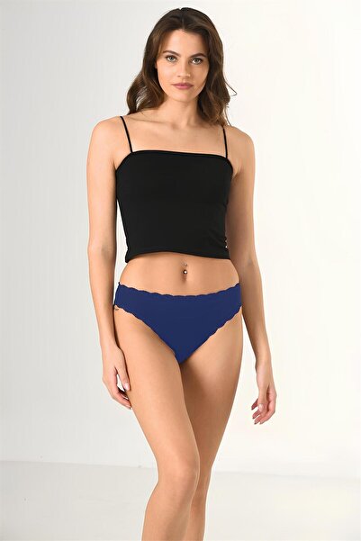 OBJE سراويل داخلية نسائية ذات إطار من الدانتيل باللون الأزرق الداكن وذات خصر ...