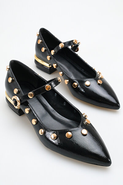 Saltopik Pantofi de balet cu toc și detalii cu știfturi, din piele neagră