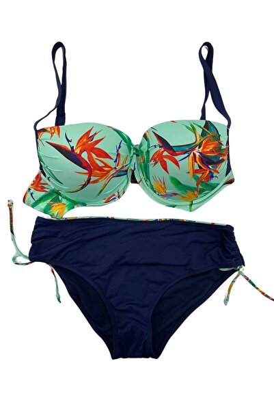 Yasmy Collection Kadın Turkuaz Lacivert Desenli Büyük Beden Astarlı Bikini Ta...