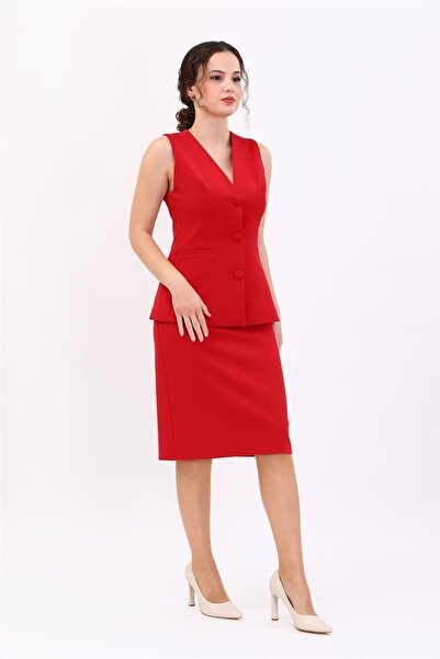 ÖNDER ÖZSOY V-Neck Buttoned Classic Women's Vest-Red