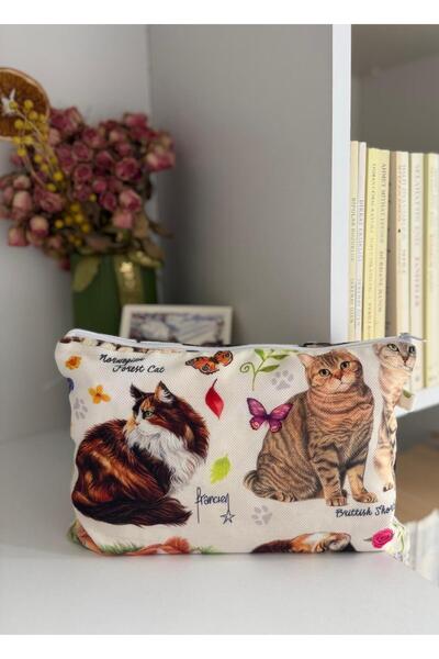 Dijital Baskılı Kedi Desenli Makyaj & El Çantası
