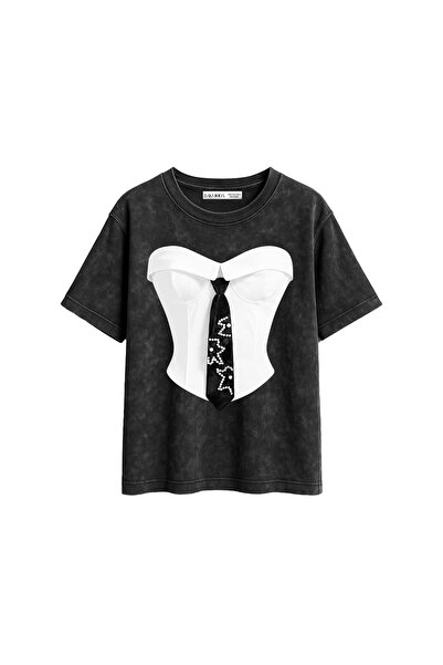CİNEMA MODA Suit Printed Relaxed Fit Washable Black Women's T-Shirt