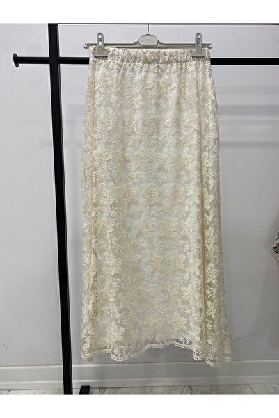 Hatun Atila تنورة طويلة نسائية من الدانتيل المطرز بخصر مطاطي ولون إكرو