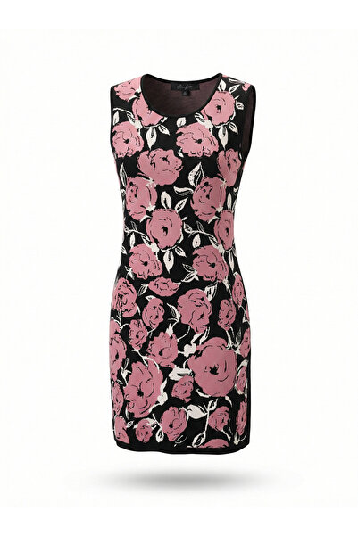 Sassofono Önü Desenli Arkası Düz Triko Kolsuz Kalem Elbise