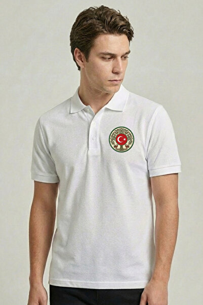 Çapıt 100% Cotton Tree of Life Turkish Flag Coat of Arms Printed White Polo N...