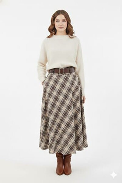 KARSEL Belted Plaid Long Skirt