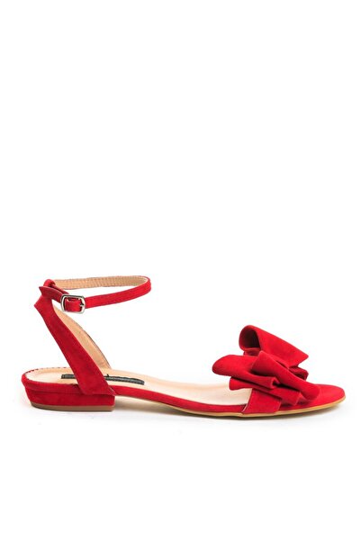 The 5th Element Women's leather sandals without heels Red With bow Simple