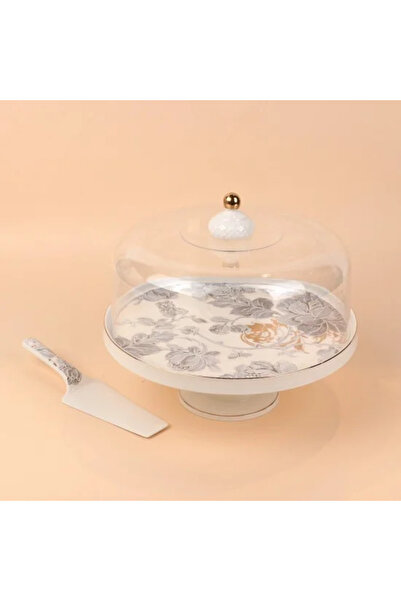 Generic حامل كيك مع ملعقة سيراميك مزينة بتصاميم زخرفية ولمسة نهائية فضية