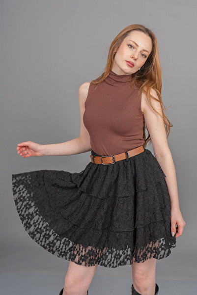 MissVina Fusta scurtă din tul cu dantelă și curea, căptușită, cu 3 straturi 6859