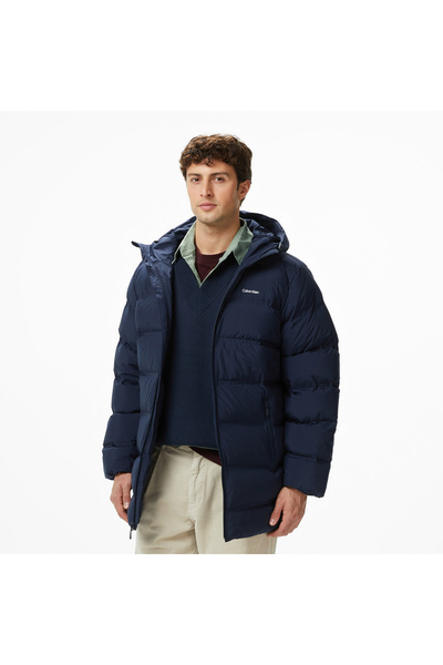 Calvin Klein Bonded Long Hooded Erkek Mavi Puffer Mont
