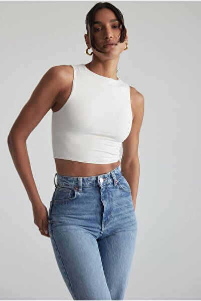 MODA Kadın Beyaz Kolsuz Bisiklet Yaka Crop Top