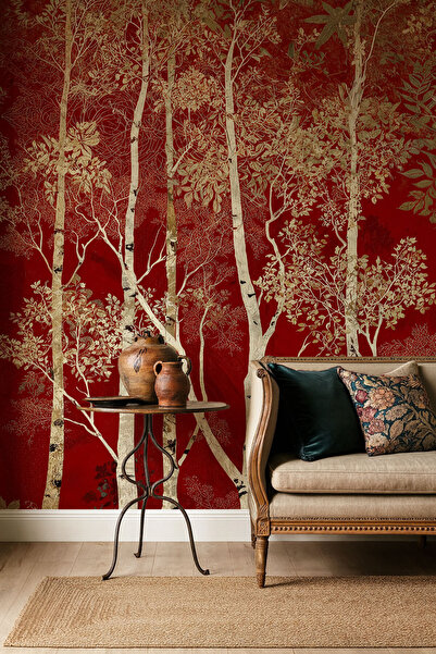 Arkhearts Arbor – Kızıl Zeminli Gravür Ağaç Desenli Kendinden Yapışkanlı Duva...