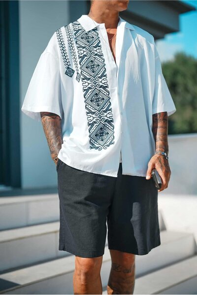 ablukaonline Men's Embroidery Patterned Short Sleeve Super Oversized Shirt White