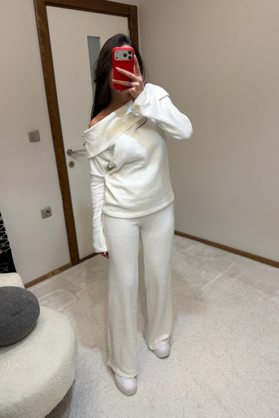 MoyStore White Soft Boat Neck High Waist Bottom Top Set