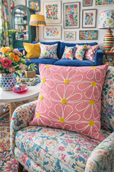 Pilloveland Punch Embroidered Throw Pillow Cover - 43*43 cm - Candy Pink Dais...