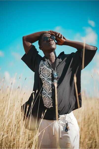 ablukaonline Men's Embroidery Patterned Short Sleeve Super Oversized Shirt Black