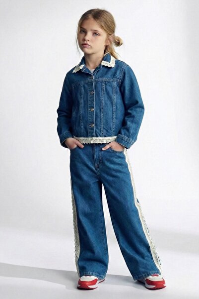 Monila طقم سروال دينم بناتي باللون الأزرق الداكن مع تفاصيل من الدانتيل