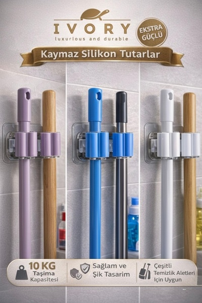 IVORY Elia Home Kaymaz Silikon Mop ve Süpürge Tutucu – Duvara Yapışkanlı Çok ...