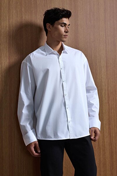ablukaonline Men's Oversize Long Sleeve Basic Shirt White