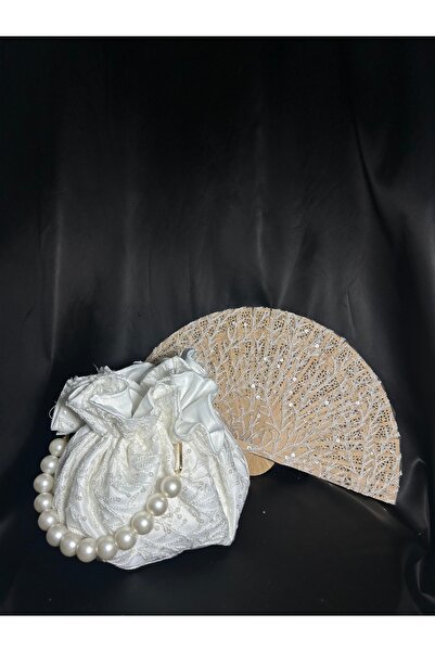 Bridal Luxe Vaelora Bag Fan Set with Lace and Sequins