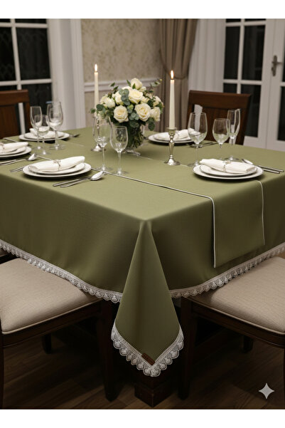 Rose go home Zeytin yeşili Dantel kenarlı masa örtüsü