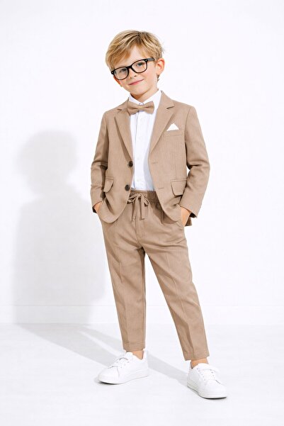 Cansın Mini Brown Linen Jacket and Trousers Boys' 4-Piece Suit with Bow Tie 2...