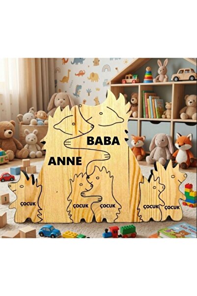 Kişiye Özel Ahşap Kirpi Ailesi Puzzle Yedili