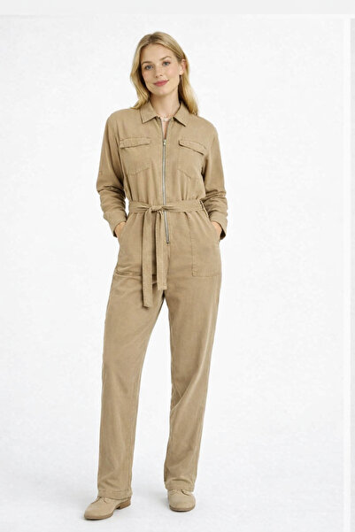 ozze butik Kadın Fermuarlı Kemerli Cep Detaylı Uzun Kollu Tulum Tensel kumaş