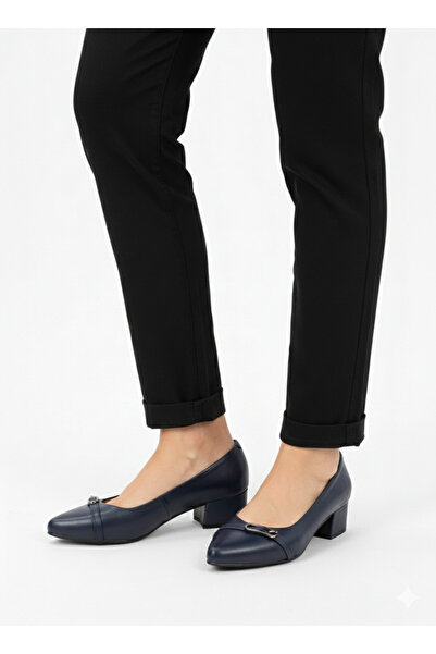 NZN Genuine Leather Navy Blue Buckle Classic Shoes with 4 cm Covered Heel