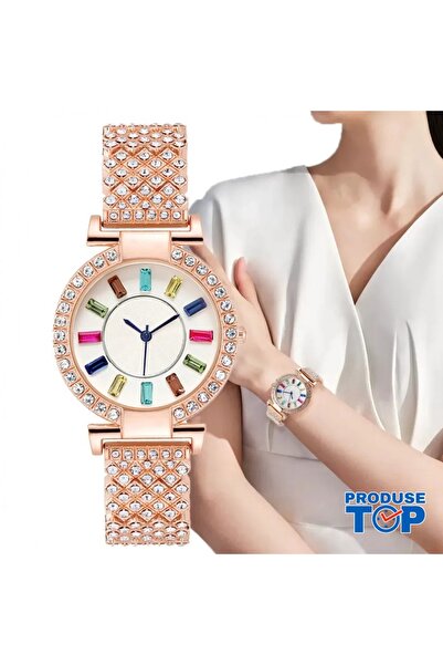 QUARTZ Elegant Women's Watch Set with White Dial and Pink Gold Strap