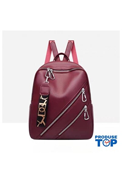 Produse.Top Fashion Women's Red Eco-Leather Backpack with Keychain ACRD369