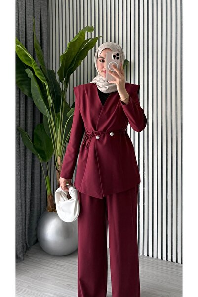 Molly Nelly Women's Double Buttoned Lace-Up Jacket and Trousers Stylish Set