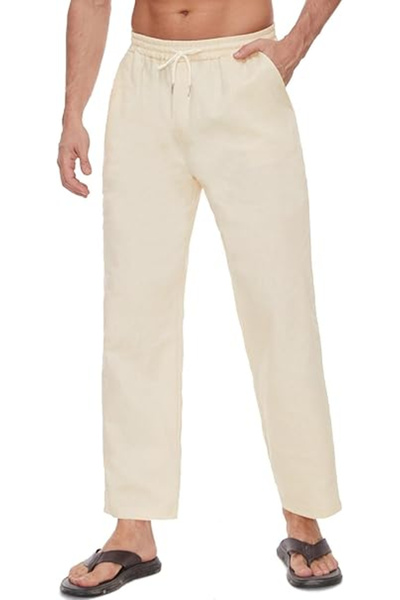 OEM Men's straight cotton pants, thin and breathable, cream 2XL